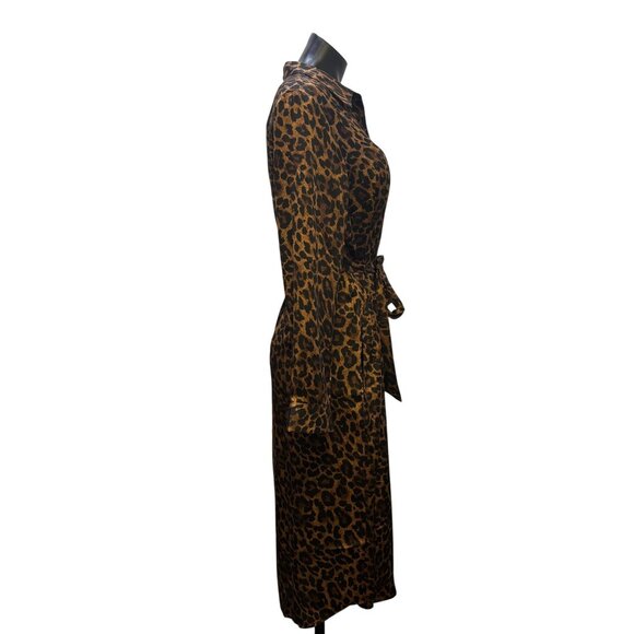 NWT Talbots Animal Print Brown Dress With Belt Button Down Leopard Midi Long Sle - Picture 3 of 9